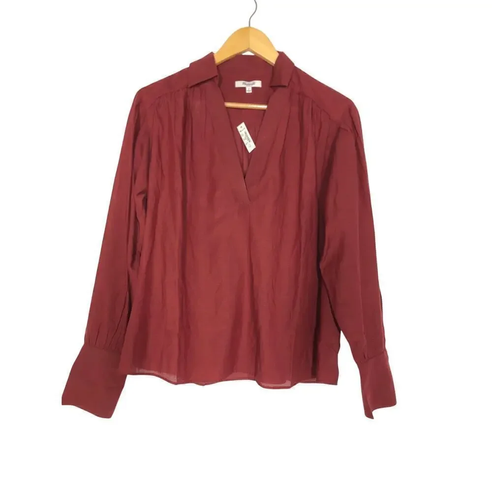 Madewell Easy Top Long Sleeve Collared Split Neck Popover Shirt Claret Red NWT S